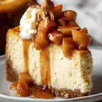 Delicious homemade apple cheesecake topped with fresh apples and caramel drizzle.
