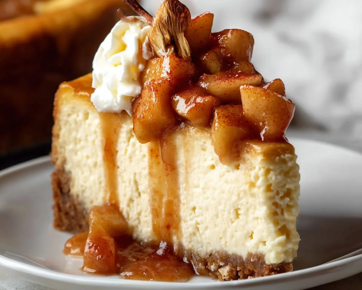 Delicious homemade apple cheesecake topped with fresh apples and caramel drizzle.