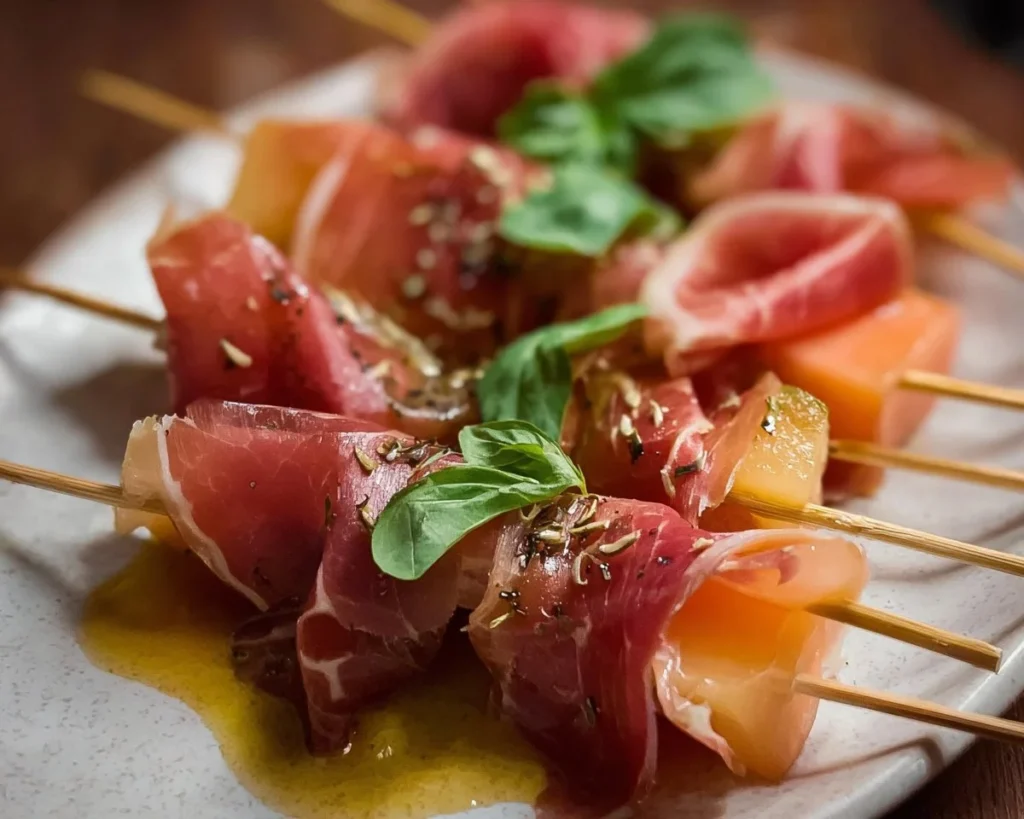 Prosciutto and melon skewers served on a platter