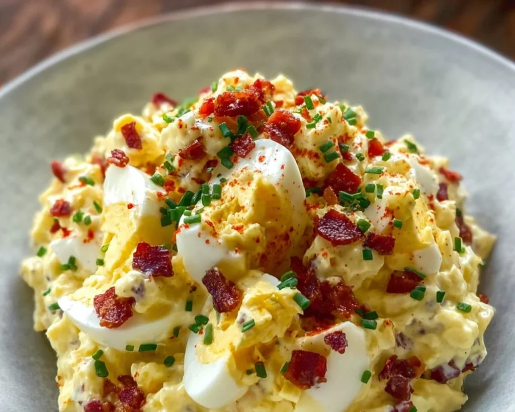 A bowl of quick keto deviled egg salad garnished with herbs