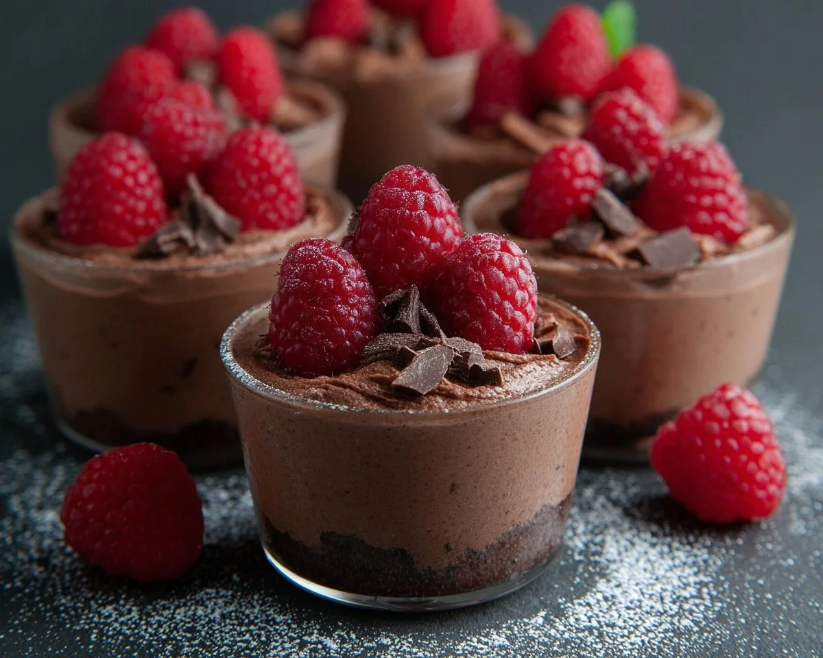 Raspberry chocolate mousse cups topped with fresh raspberries and chocolate shavings