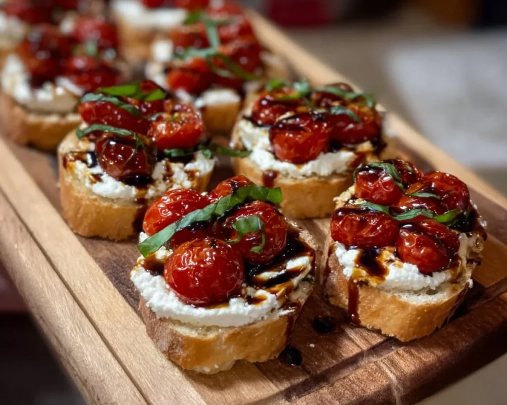 Delicious ricotta crostini topped with roasted tomatoes on a serving platter.