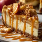 Salted Caramel Apple Pie Cheesecake topped with caramel sauce and apples