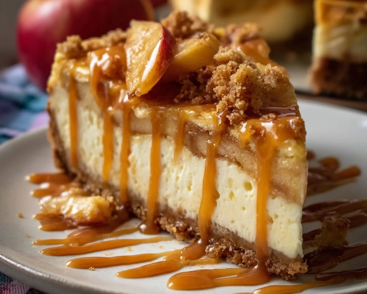 Salted Caramel Apple Pie Cheesecake topped with caramel sauce and apples