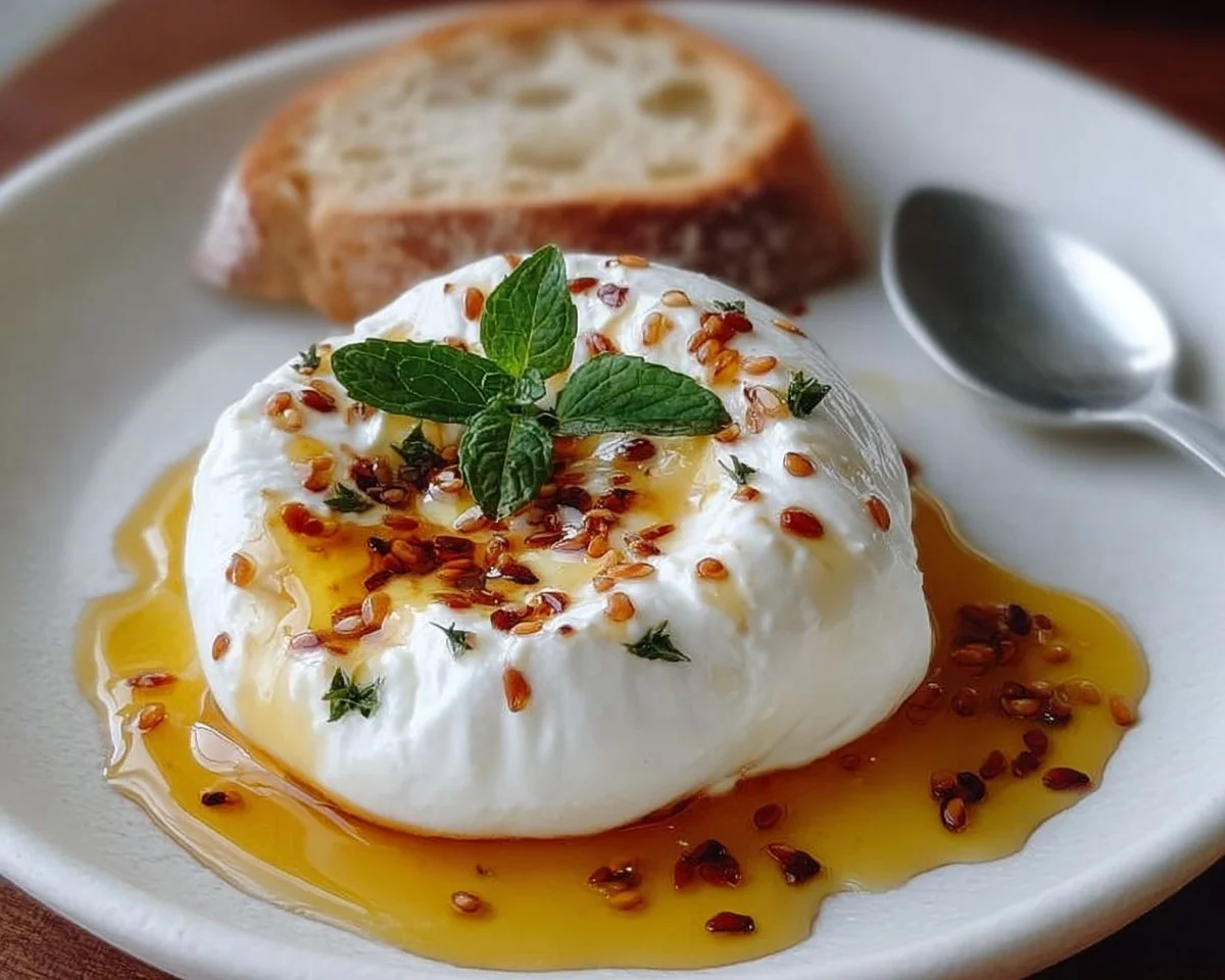 Simple burrata appetizer drizzled with honey on a rustic wooden board.