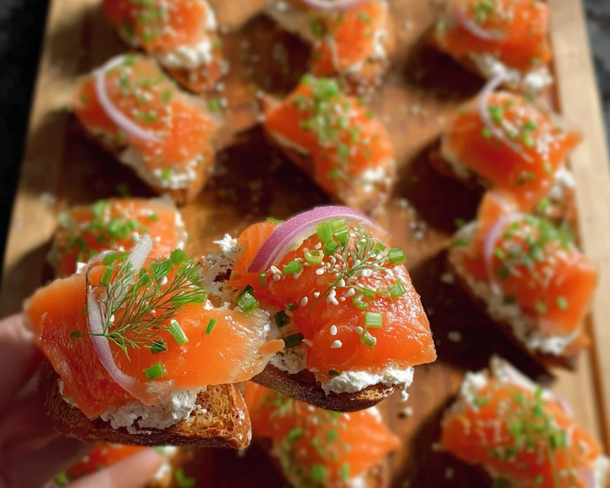 Plate of smoked salmon crostini topped with herbs and capers