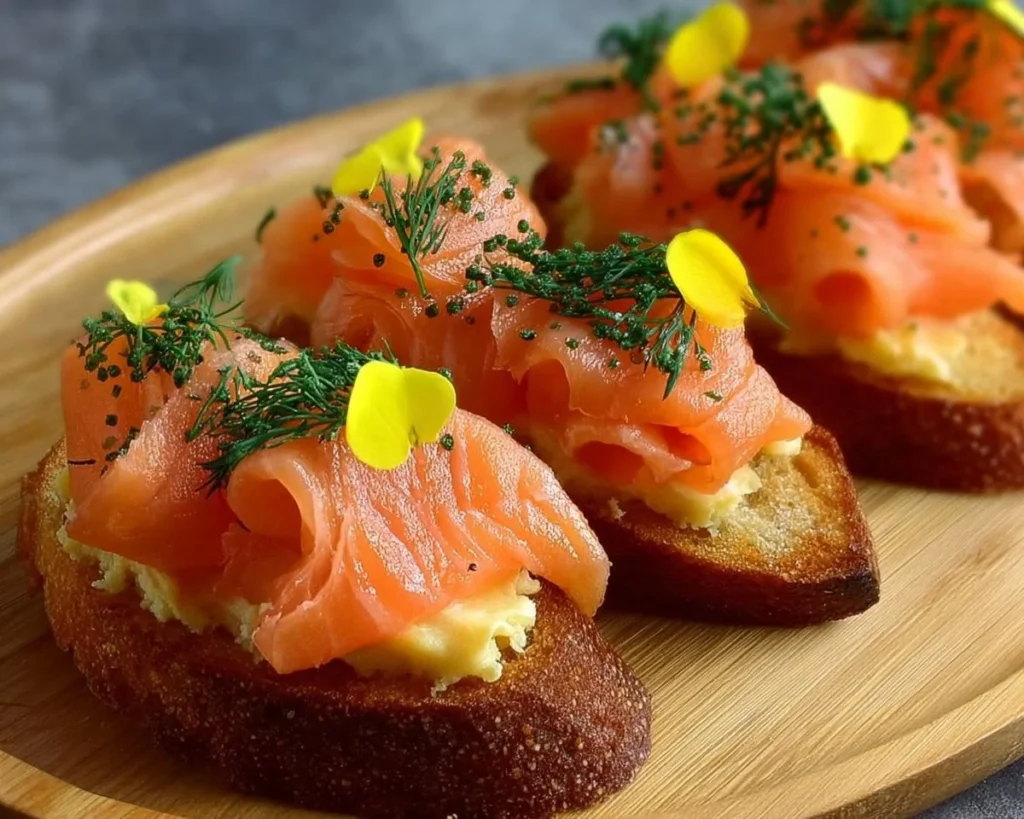 Smoked salmon crostini topped with cream cheese and herbs on a wooden board