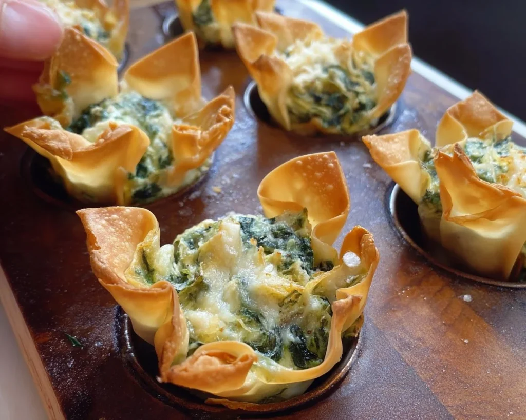Savory spinach and artichoke wonton cups served as appetizers.