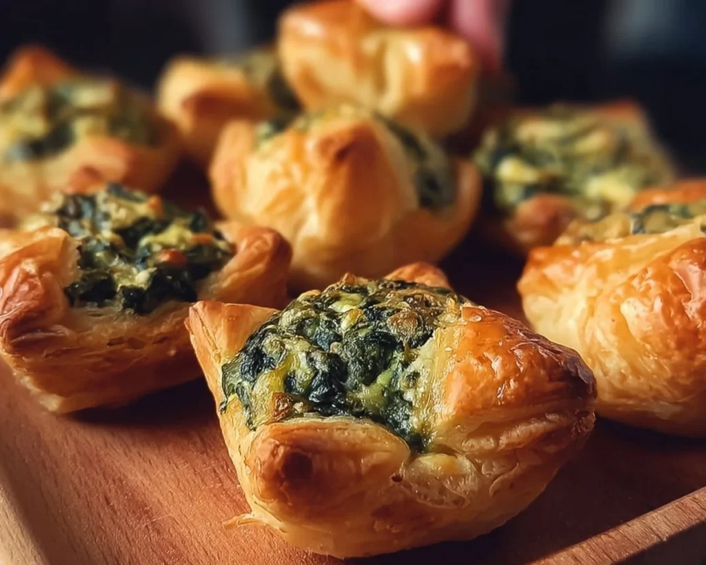 Homemade spinach puffs filled with spinach and cheese in golden pastry