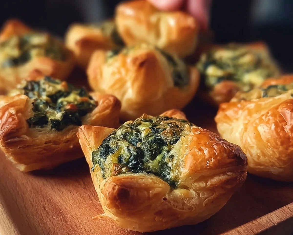 Homemade spinach puffs filled with spinach and cheese in golden pastry