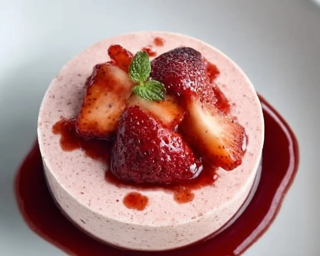 Delicious strawberry mousse dessert topped with fresh strawberries