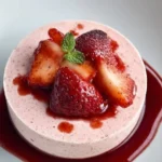 Delicious strawberry mousse dessert topped with fresh strawberries