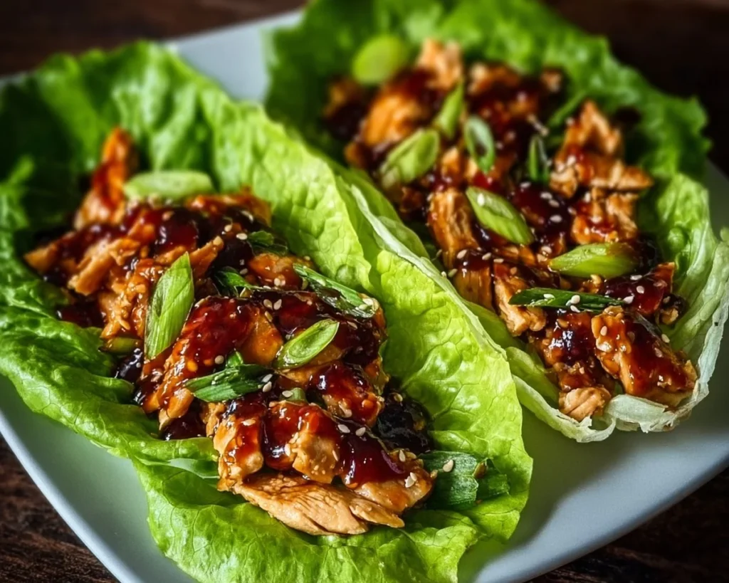 Teriyaki chicken lettuce wraps served on a plate with fresh vegetables