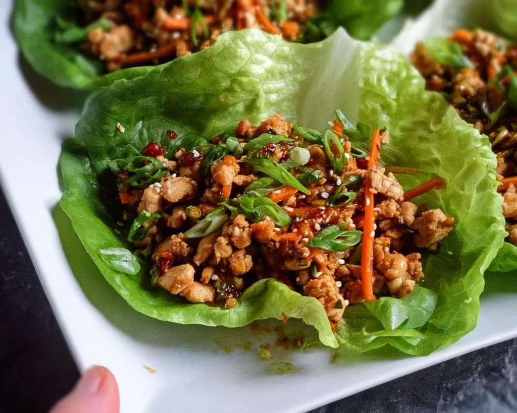 Delicious Thai Chicken Lettuce Wraps served on a plate, garnished with herbs.