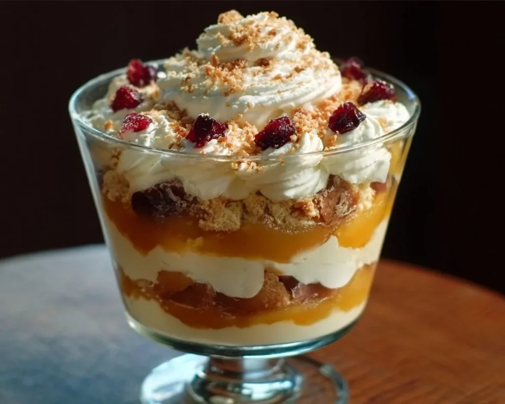 Delicious Thanksgiving trifle featuring layers of fall flavors and festive toppings