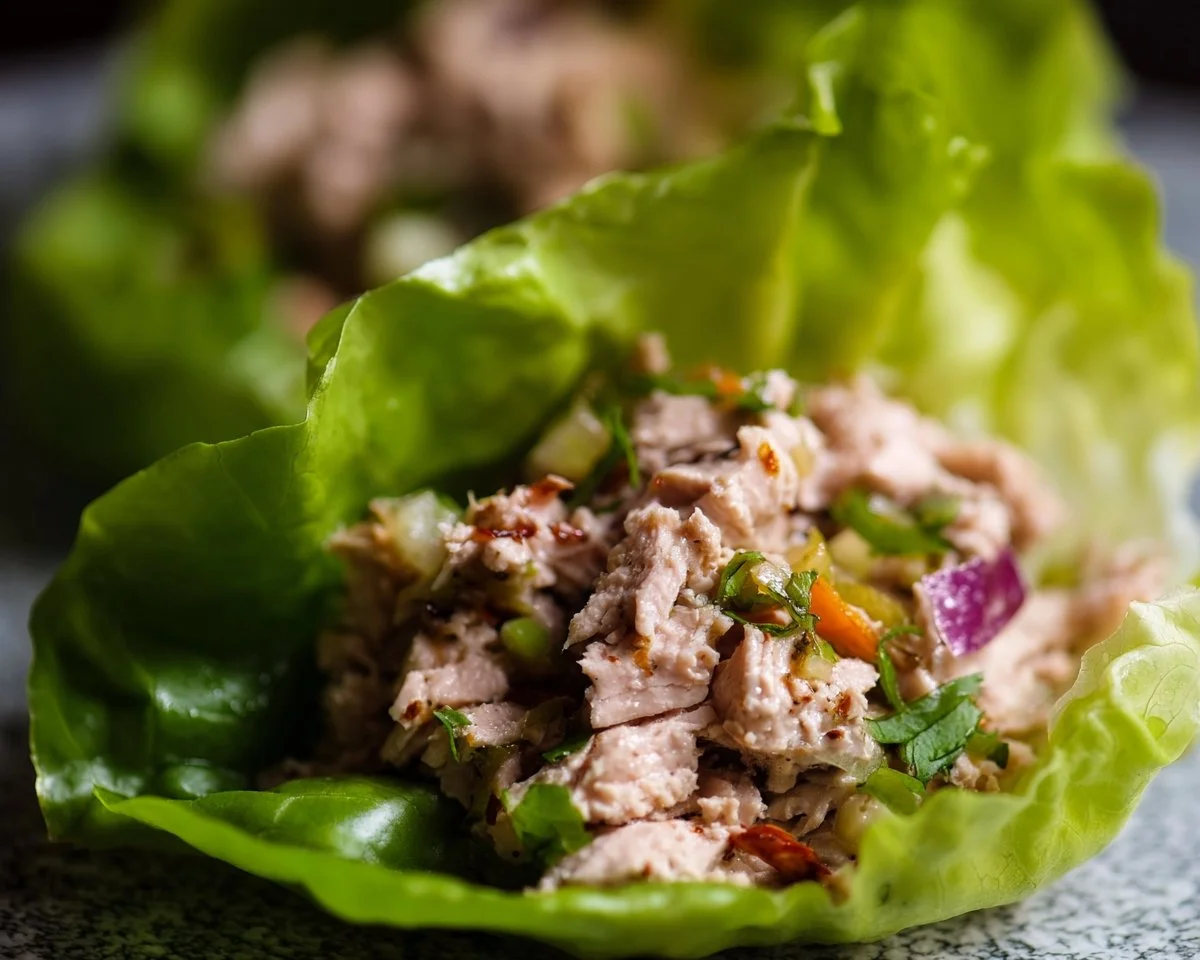 Tuna lettuce wraps filled with fresh vegetables and tuna salad