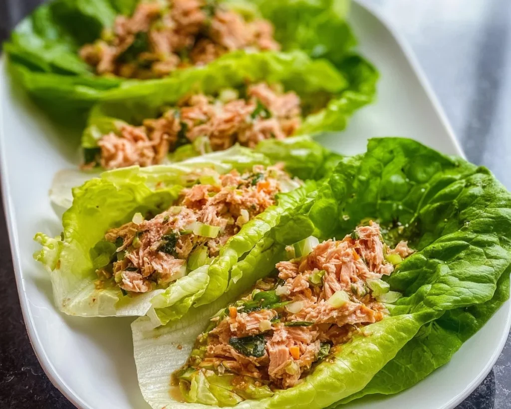 Healthy tuna lettuce wraps filled with fresh ingredients and served on crisp lettuce leaves.