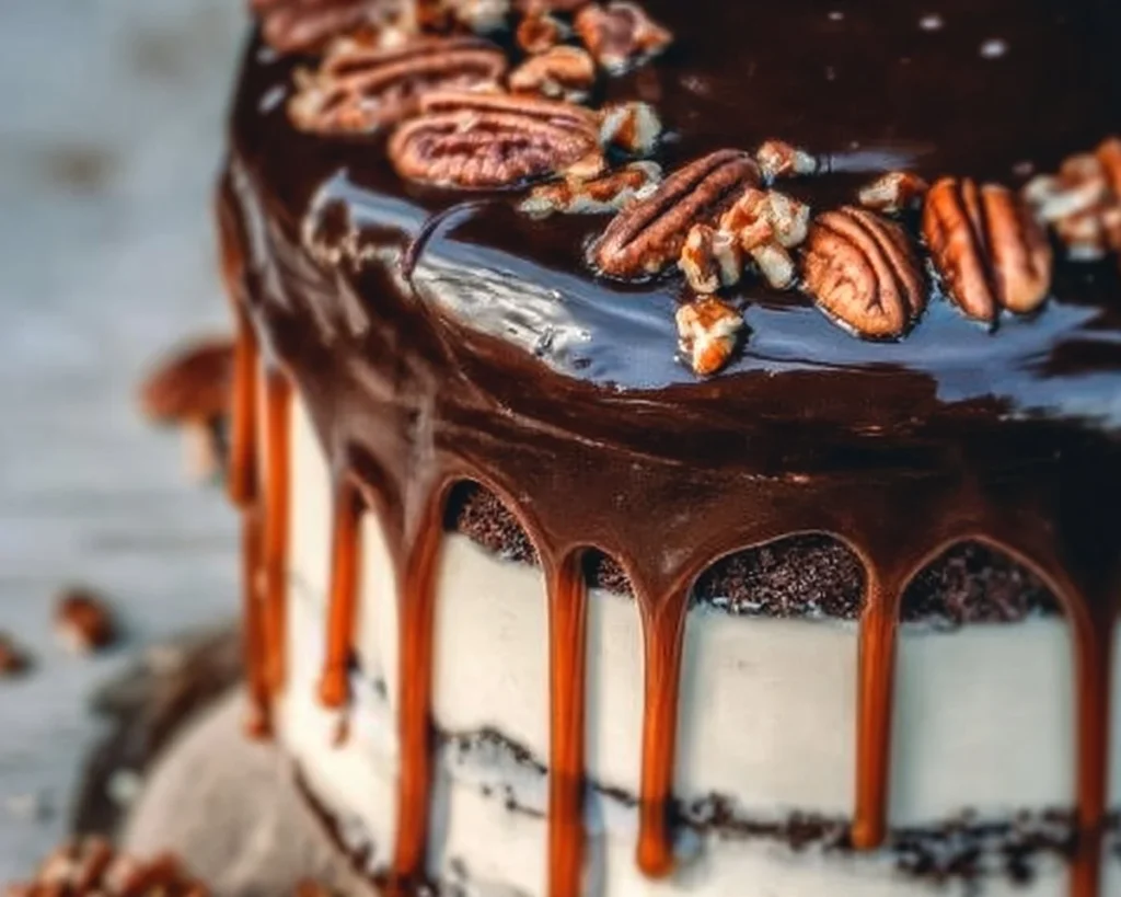 Decadent Turtle Chocolate Layer Cake with rich chocolate layers and nuts
