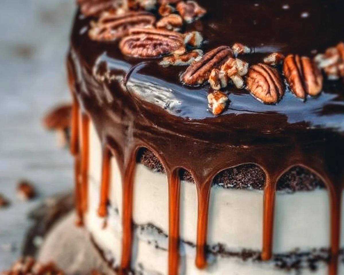 Decadent Turtle Chocolate Layer Cake with rich chocolate layers and nuts