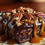 Turtle Texas Sheet Cake topped with fudge, caramel, and pecans