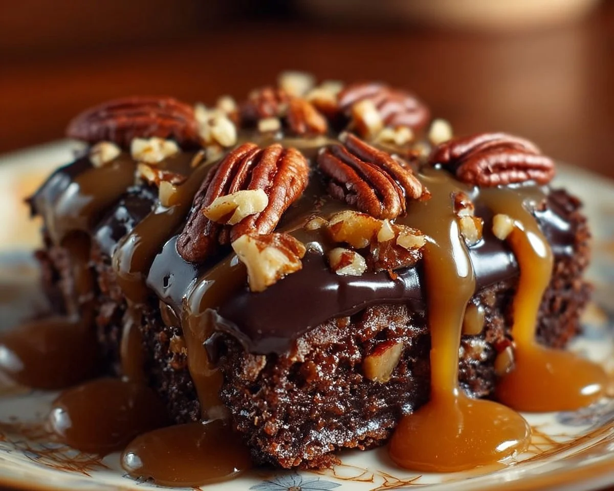 Turtle Texas Sheet Cake topped with fudge, caramel, and pecans