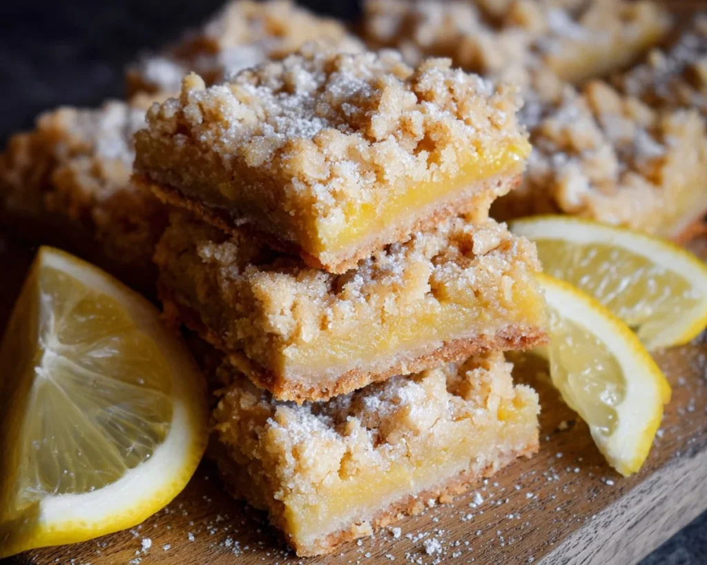 Vegan lemon crumb bars with a crumbly topping and lemon filling
