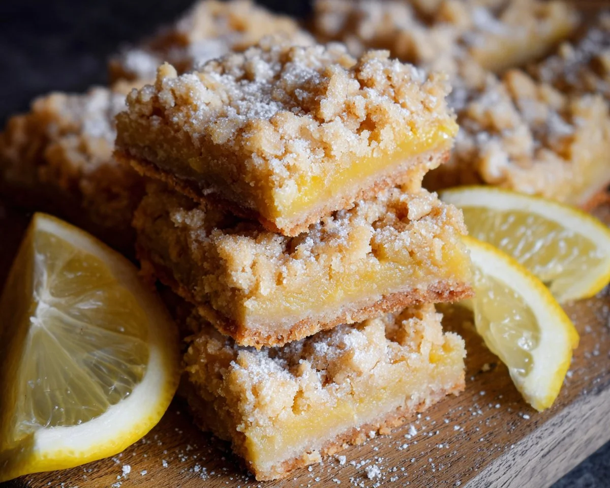 Vegan lemon crumb bars with a crumbly topping and lemon filling