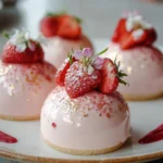Elegant white chocolate strawberry mousse domes garnished with fresh strawberries