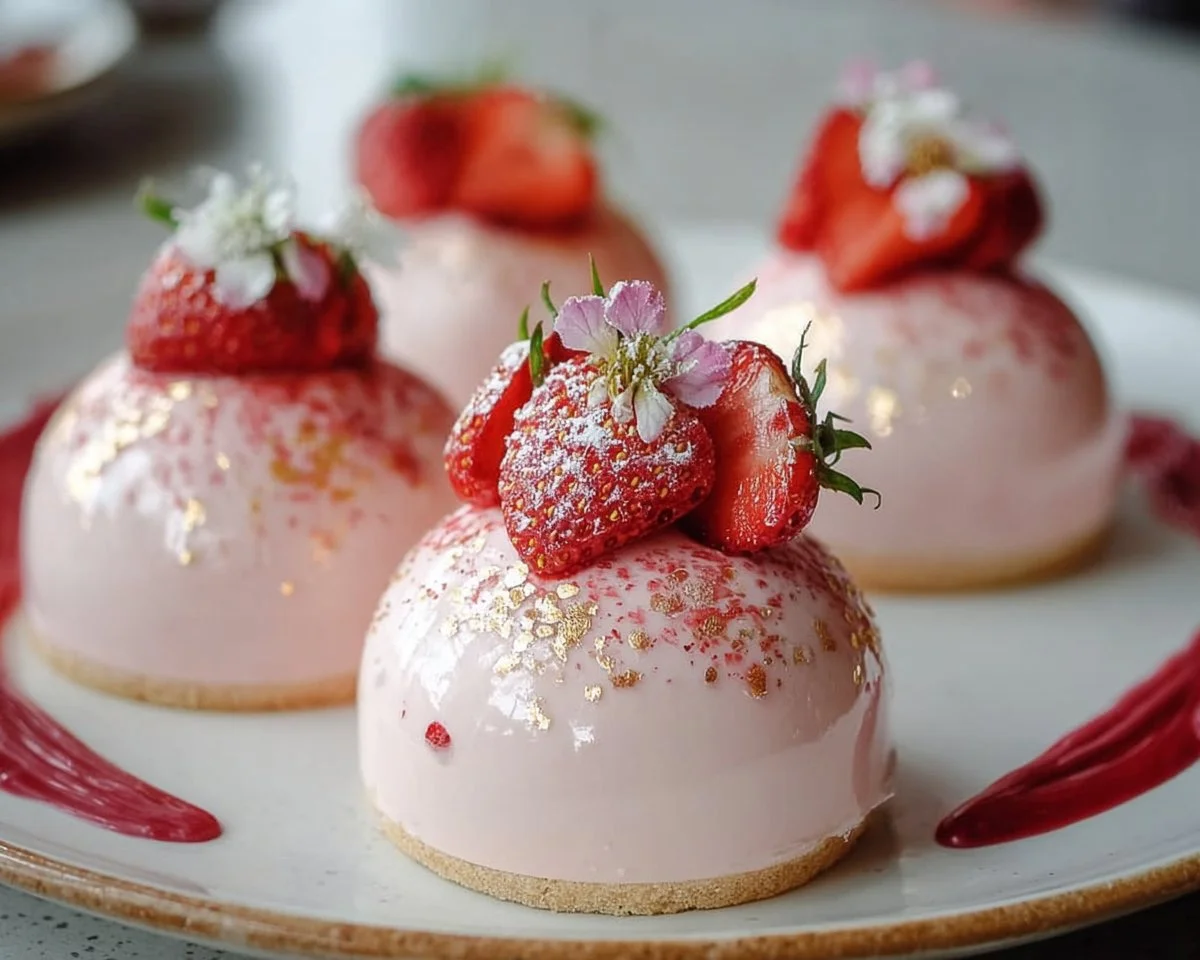 Elegant white chocolate strawberry mousse domes garnished with fresh strawberries