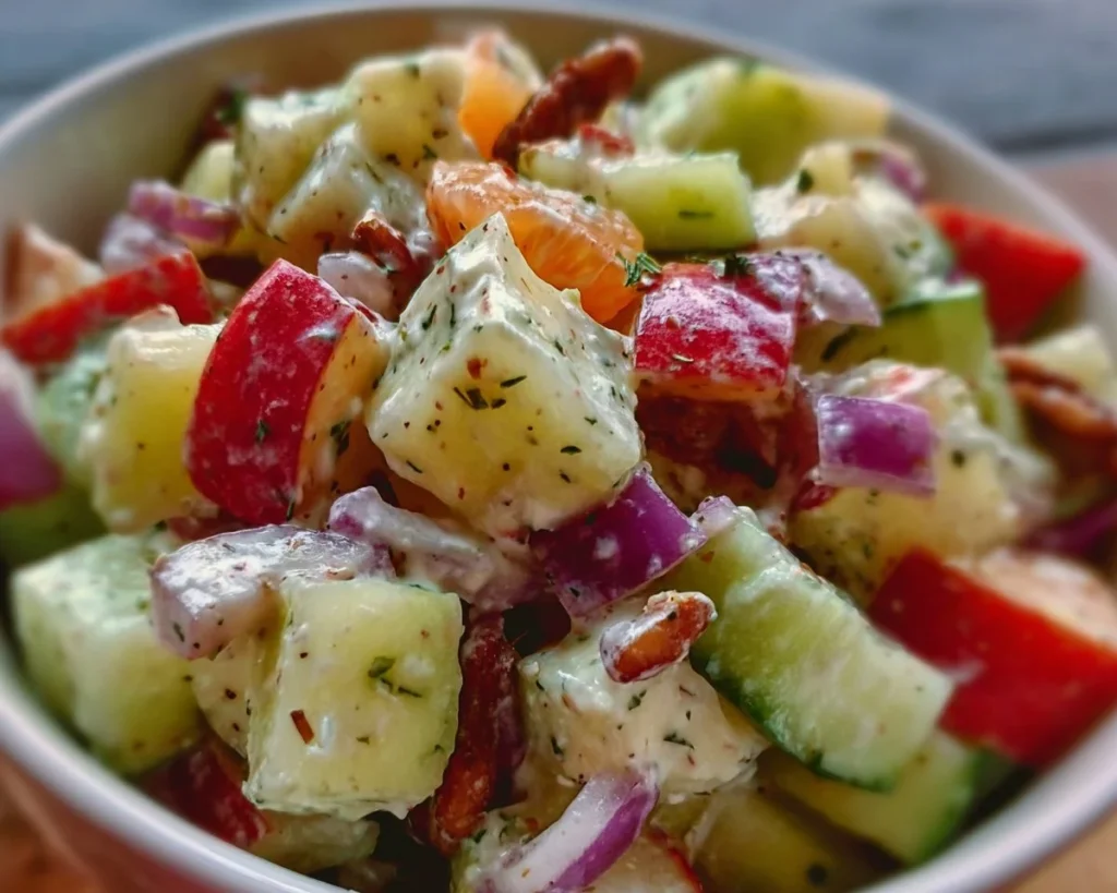 Fresh apple salad with assorted fruits and nuts in a bowl