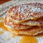 Stack of apple yogurt pancakes topped with fresh apples and syrup