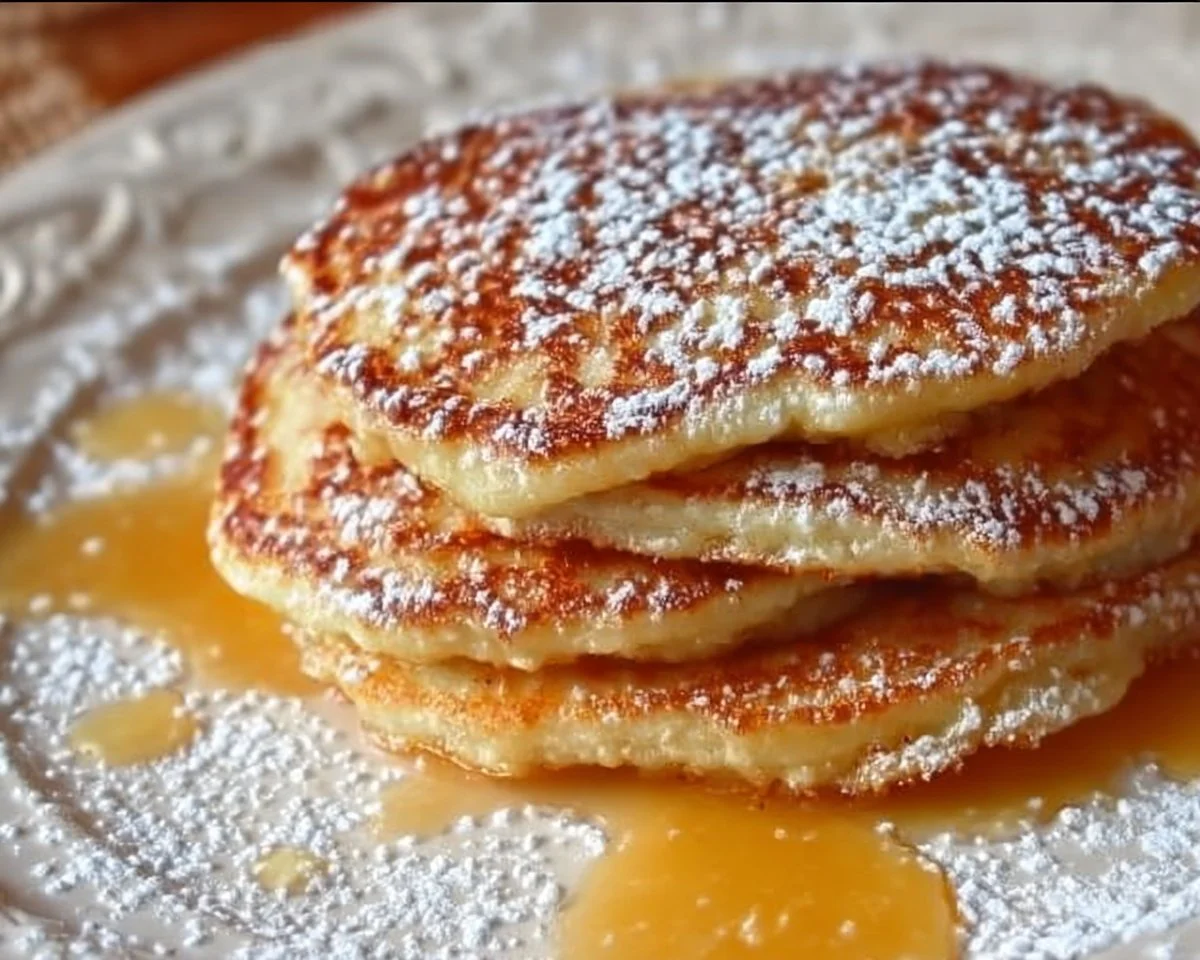 Stack of apple yogurt pancakes topped with fresh apples and syrup
