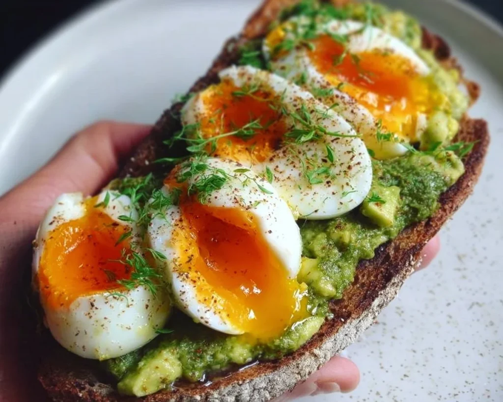 Avocado Pesto Toast topped with eggs, a nutritious and delicious recipe