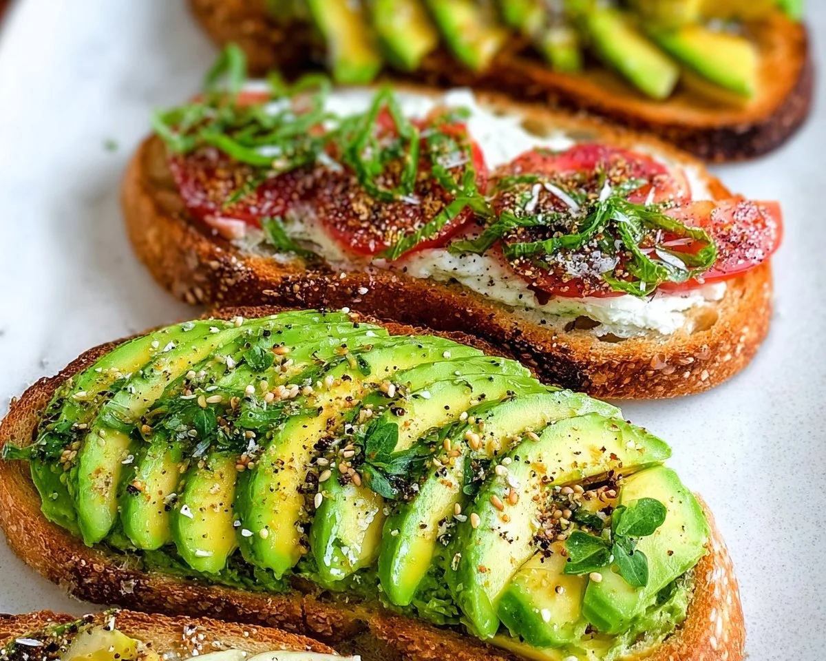 Healthy avocado toast topped with fresh ingredients on whole grain bread.