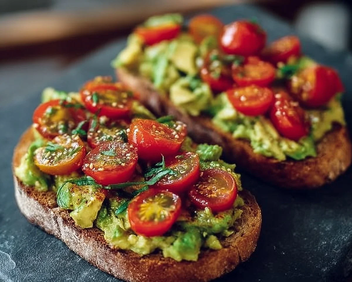 Avocado toast topped with fresh tomatoes on a rustic wooden table