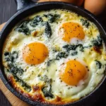 Delicious Baked Eggs Florentine served in a baking dish with spinach
