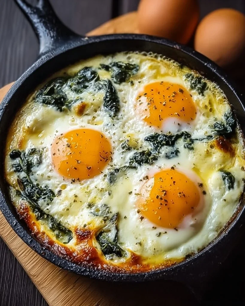 Delicious Baked Eggs Florentine served in a baking dish with spinach