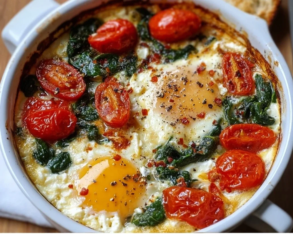 Baked Feta Eggs with Spinach and Tomatoes served in a rustic dish
