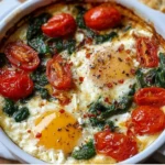 Baked Feta Eggs with Spinach and Tomatoes served in a rustic dish