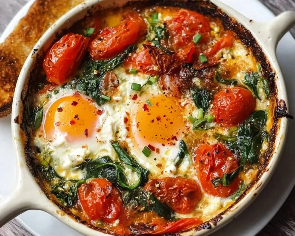 Baked feta eggs dish with fresh tomatoes and spinach in a skillet