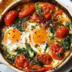 Baked feta eggs dish with fresh tomatoes and spinach in a skillet
