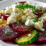 Fresh beet and feta salad topped with greens and nuts