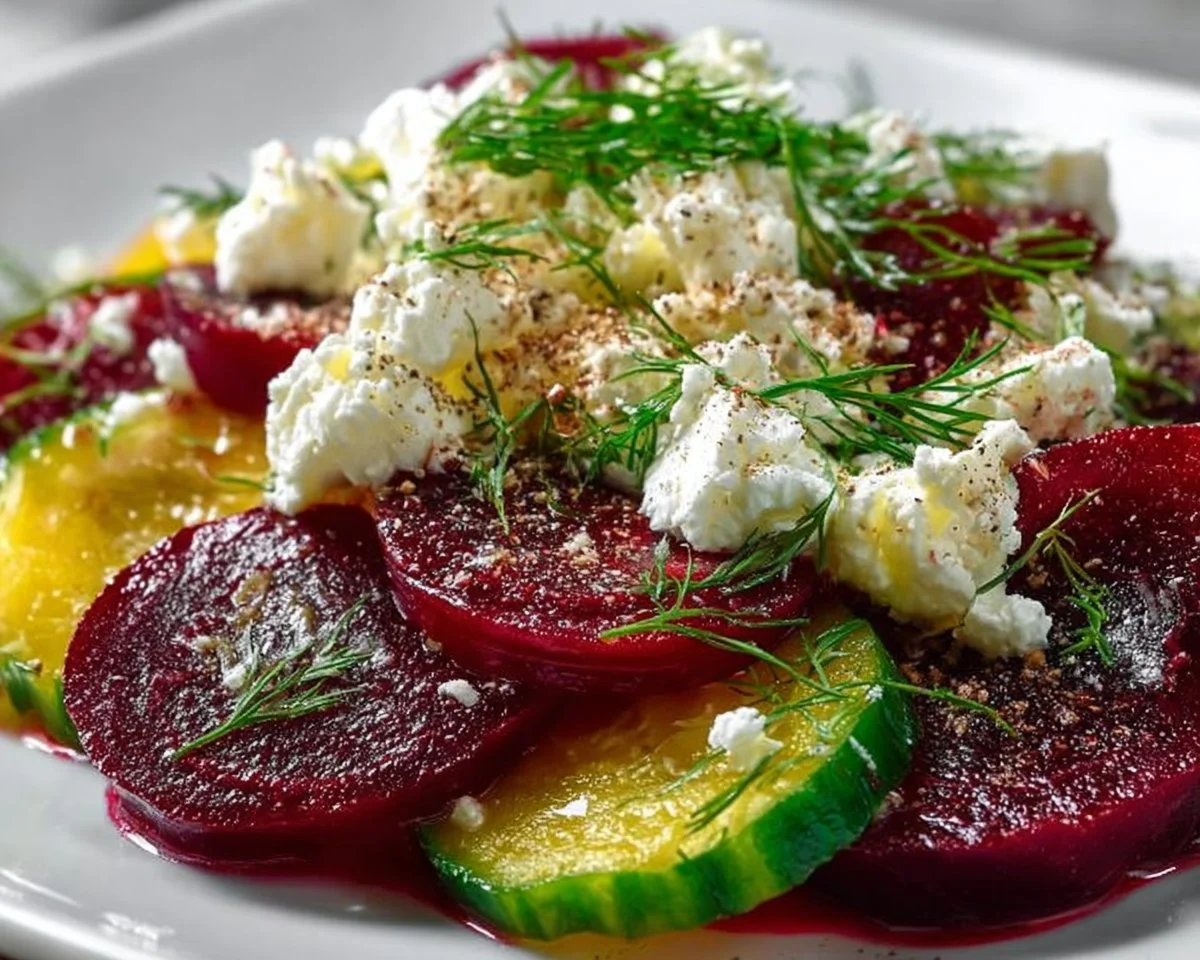 Fresh beet and feta salad topped with greens and nuts