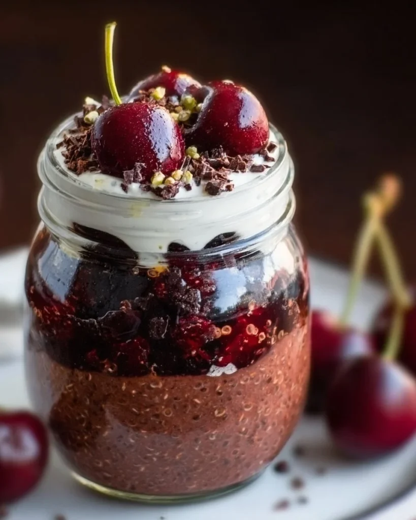Delicious Black Forest Overnight Oats with chocolate, cherries, and Greek yogurt