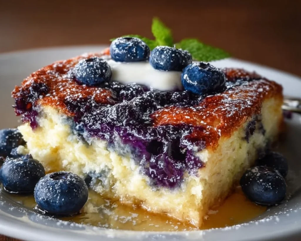 Blueberry buttermilk pancake casserole baked and served in a dish