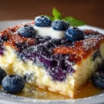 Blueberry buttermilk pancake casserole baked and served in a dish