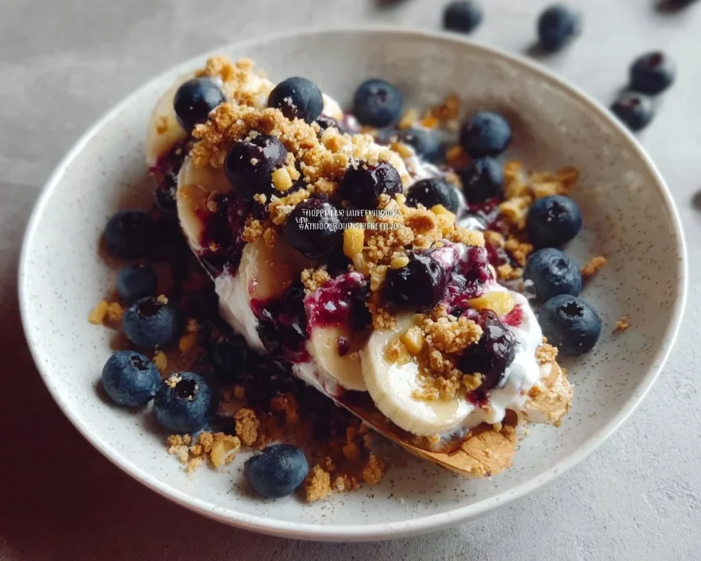 Delicious blueberry crumble banana split dessert with fresh ingredients