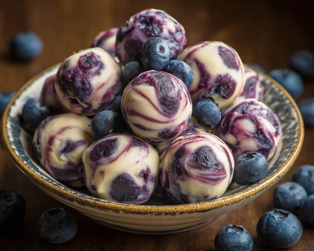 Blueberry Greek yogurt bites with fresh blueberries on a white plate