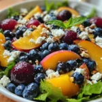 A vibrant Blueberry Peach Feta Salad topped with fresh ingredients.