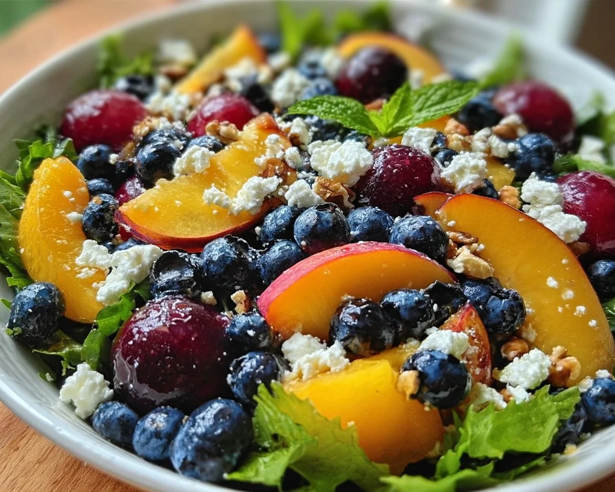 A vibrant Blueberry Peach Feta Salad topped with fresh ingredients.